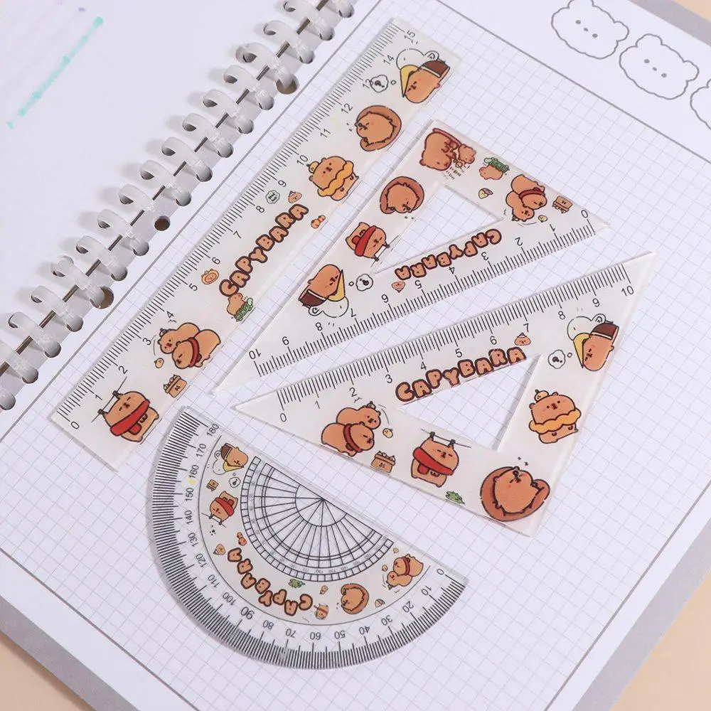 Creative Ruler Four-piece Set Cute Stationery Triangle Protractor Set Acrylic Cartoon Capybara Pattern Ruler Set Children