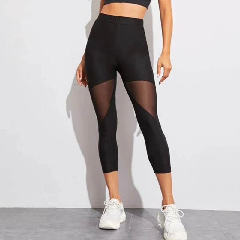 Pantalon noir moulant en maille patchwork pour femme, élastique, fitness, sport, séchage rapide, mode