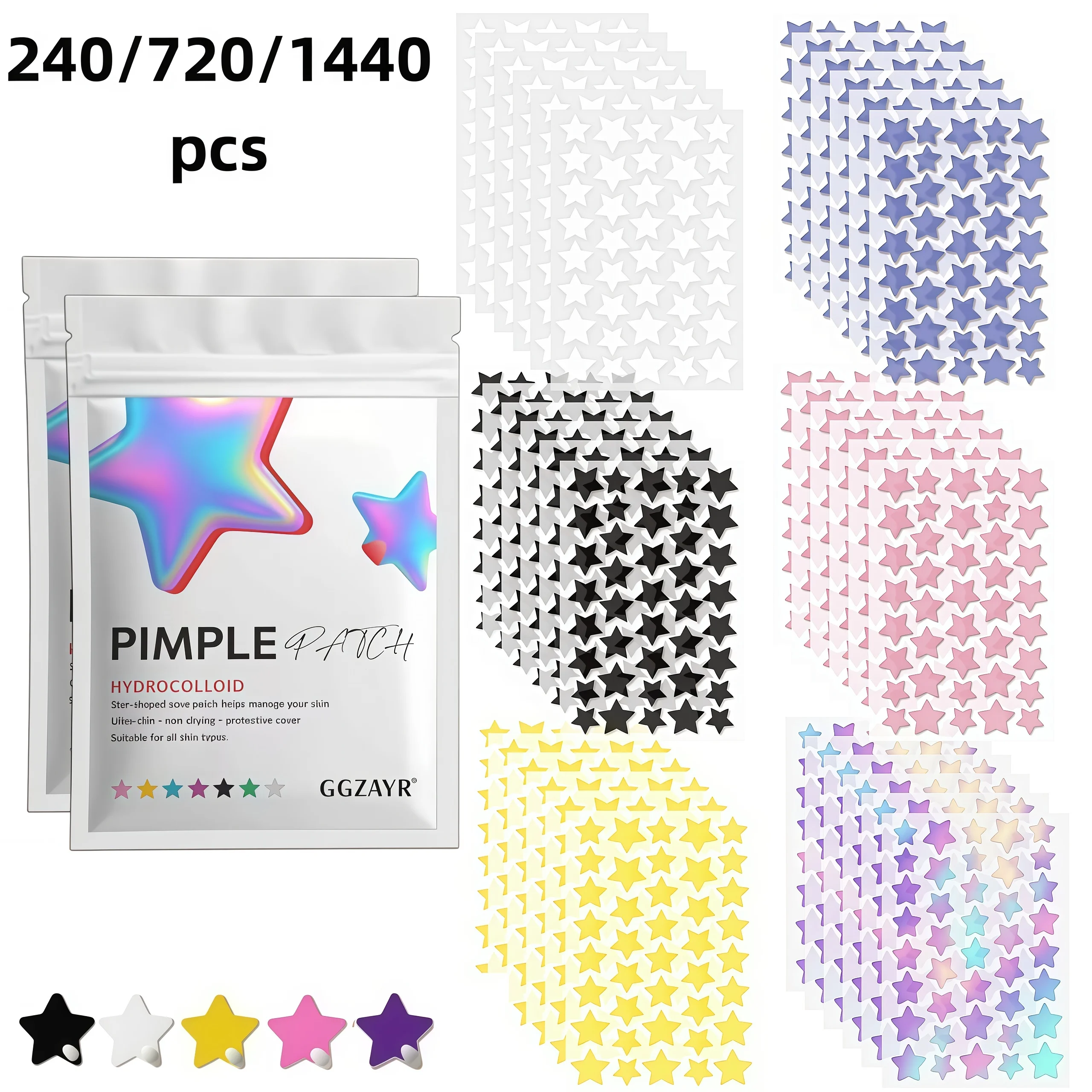 Holiday Star Spot Patches 240/720/1440pcs, 6 Color Deep Cleansing Acne Dots, Unisex