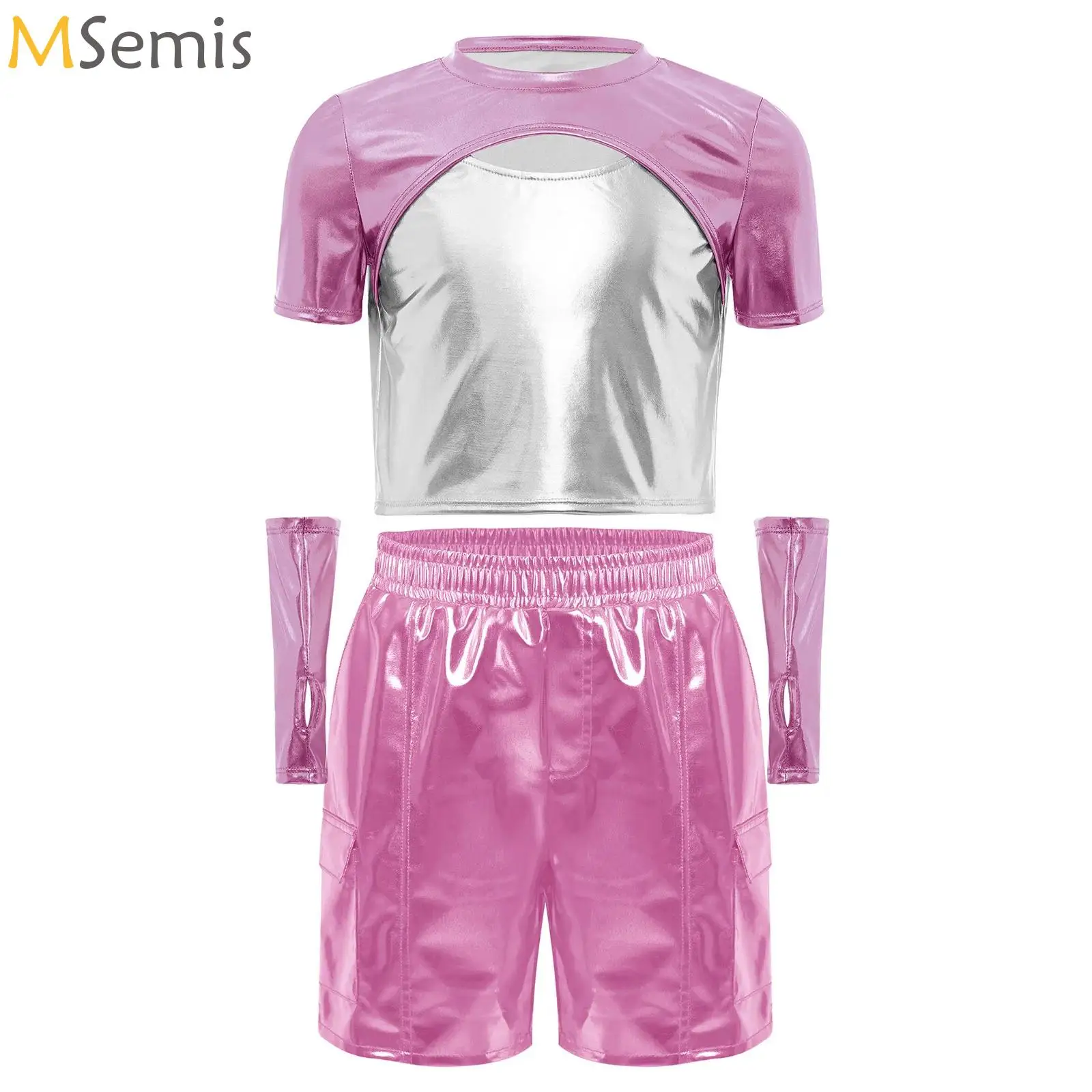 

Kids Girls Jazz Dance Costume Metallic Top with Cargo Shorts And Gloves for Tap Latin Cha-cha Modern Performance Dancewear Set