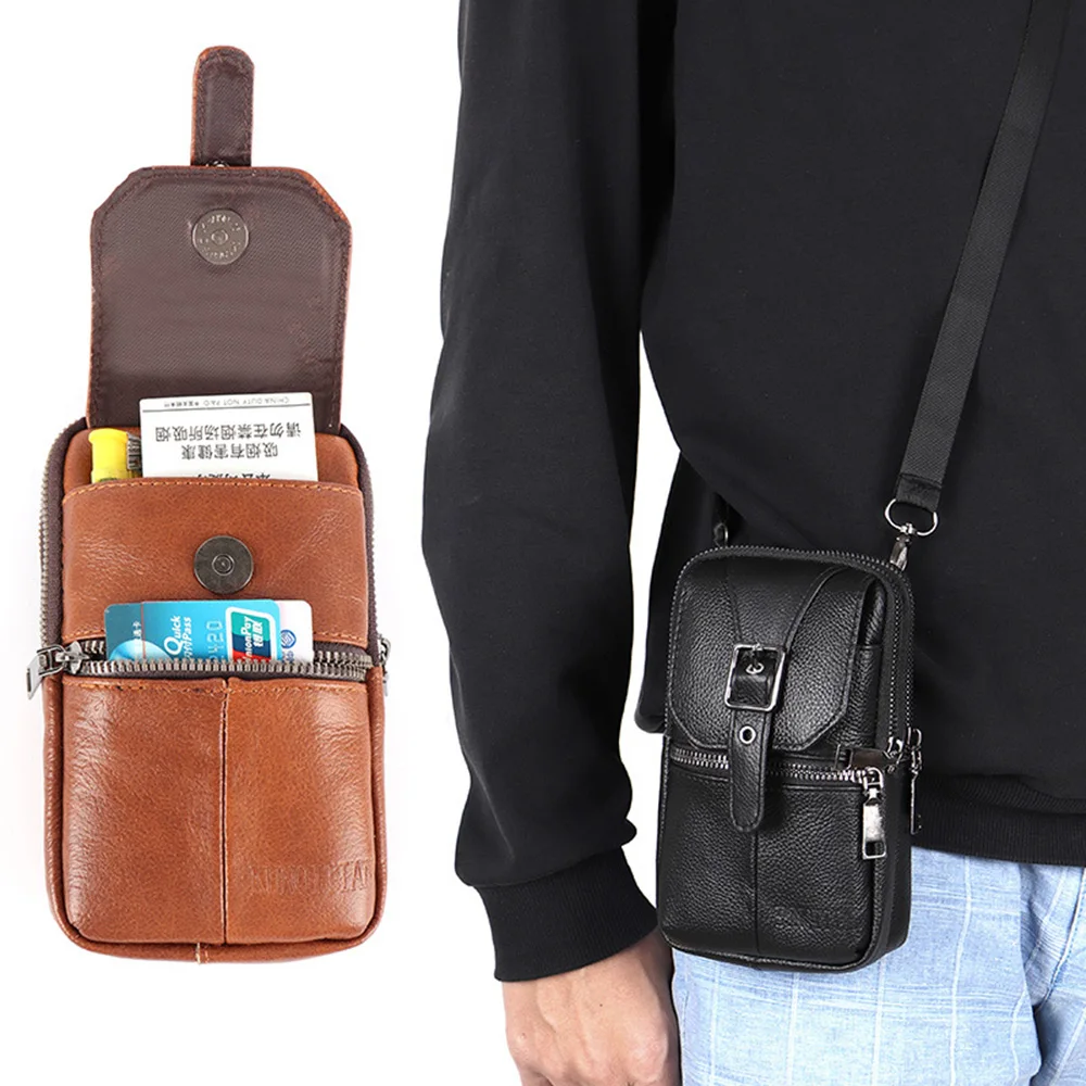 Men\'s Genuine Leather Waist Pack Waterproof Outdoor Sport Phone Pouch Purse Belt Hanging Bag Shoulder Crossbody Bag Fanny Pack