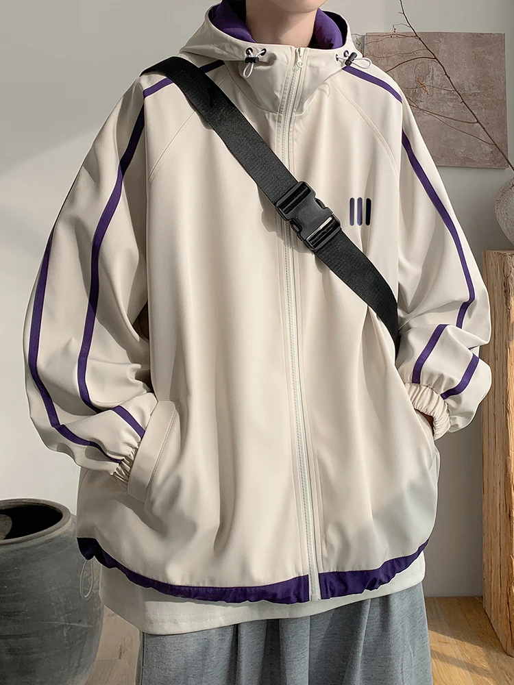 

Trendy American Striped Men's Jaet Spring Autumn Outdoor Windproof Hooded Coat Youth Loose Fit Zipper Decorated Faionable