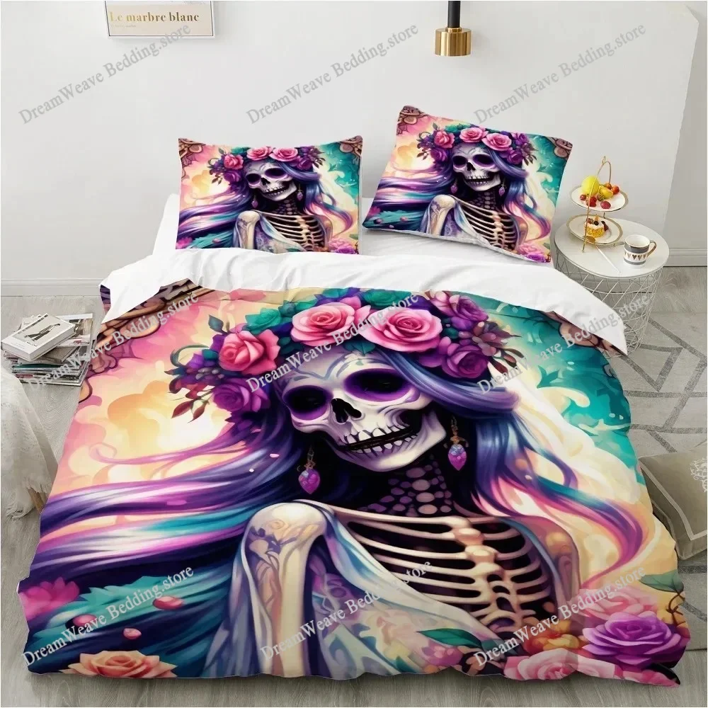 

Pink Rose Skull Bedding Set Twin Single Queen King Size Halloween Duvet Cover Teen Adult Kids Children Bed Qulit Cover