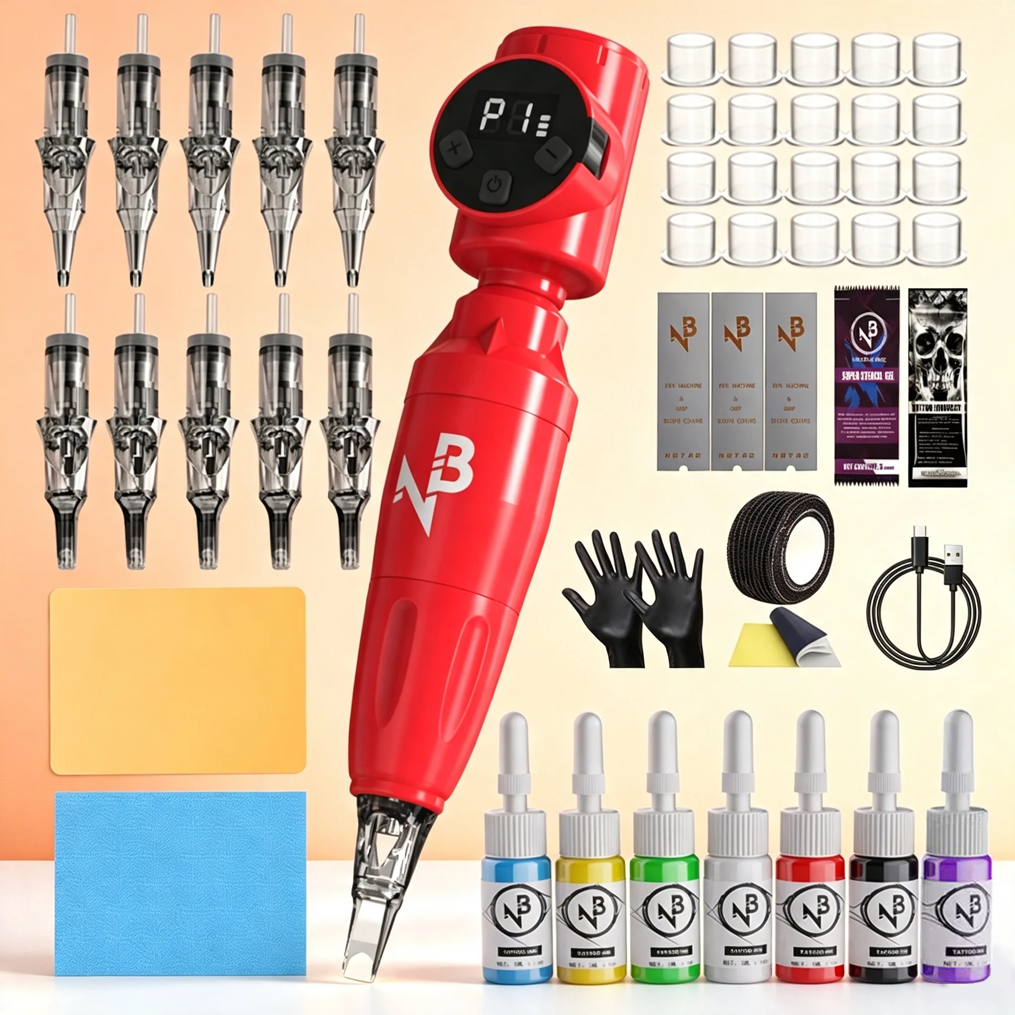 Tattoo Pen Kit - Gold Plume Tattoo Machine Kit, Tattoo Gun Kit with Tattoo Power Supply and 10 Pcs Tattoo Cartridge Needles, 7 Colors of Pigment and Various Auxiliary Tools, Complete Tattoo Kit Tattoo Supplies for Beginners