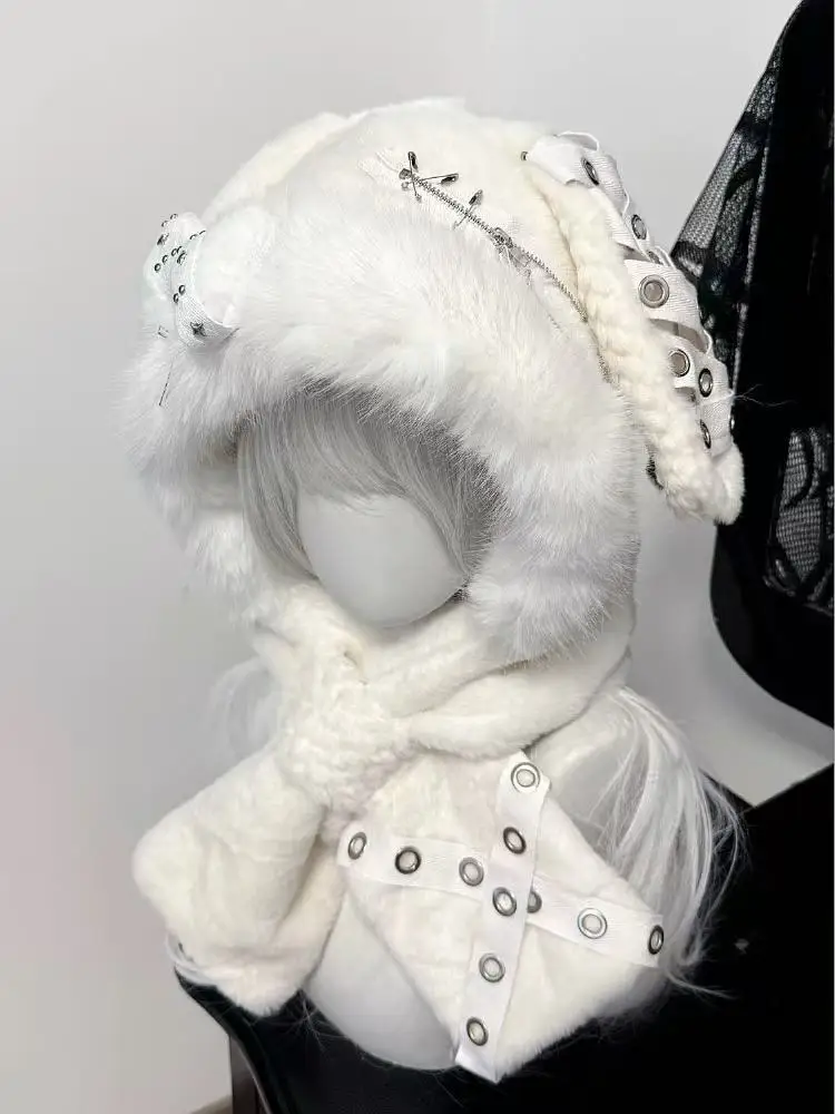 여성 일본 하라주쿠 Y2K 소녀 모자 고딕 토끼 귀 겨울 따뜻한 니트 플러피 본 모자 따뜻하게 유지하는 스카프 비니 모자