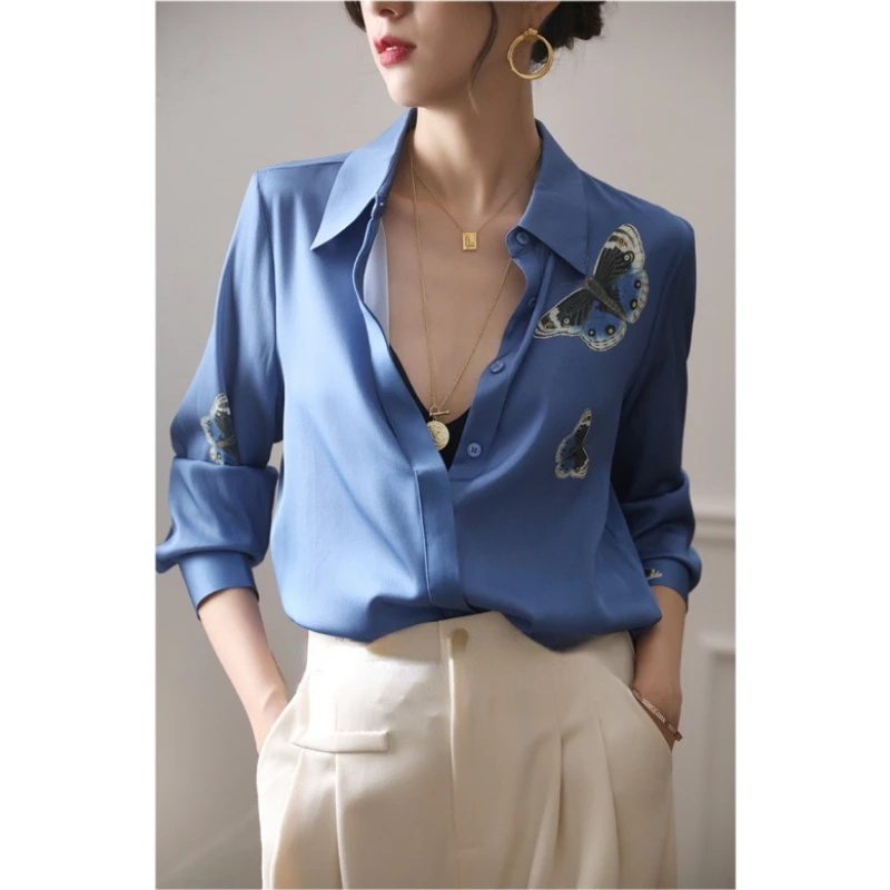 Borboleta Imprimir Camisa Chiffon Azul Primavera Verão Moda Blusa 2023 Estilo Coreano Elegante Manga Longa Turn Down Collar Shirt