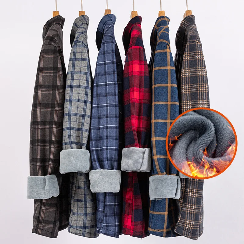 2024 new autumn and winter fleece thickened men's shirt long sleeve warm plaid without ironing high quality fashion slimming