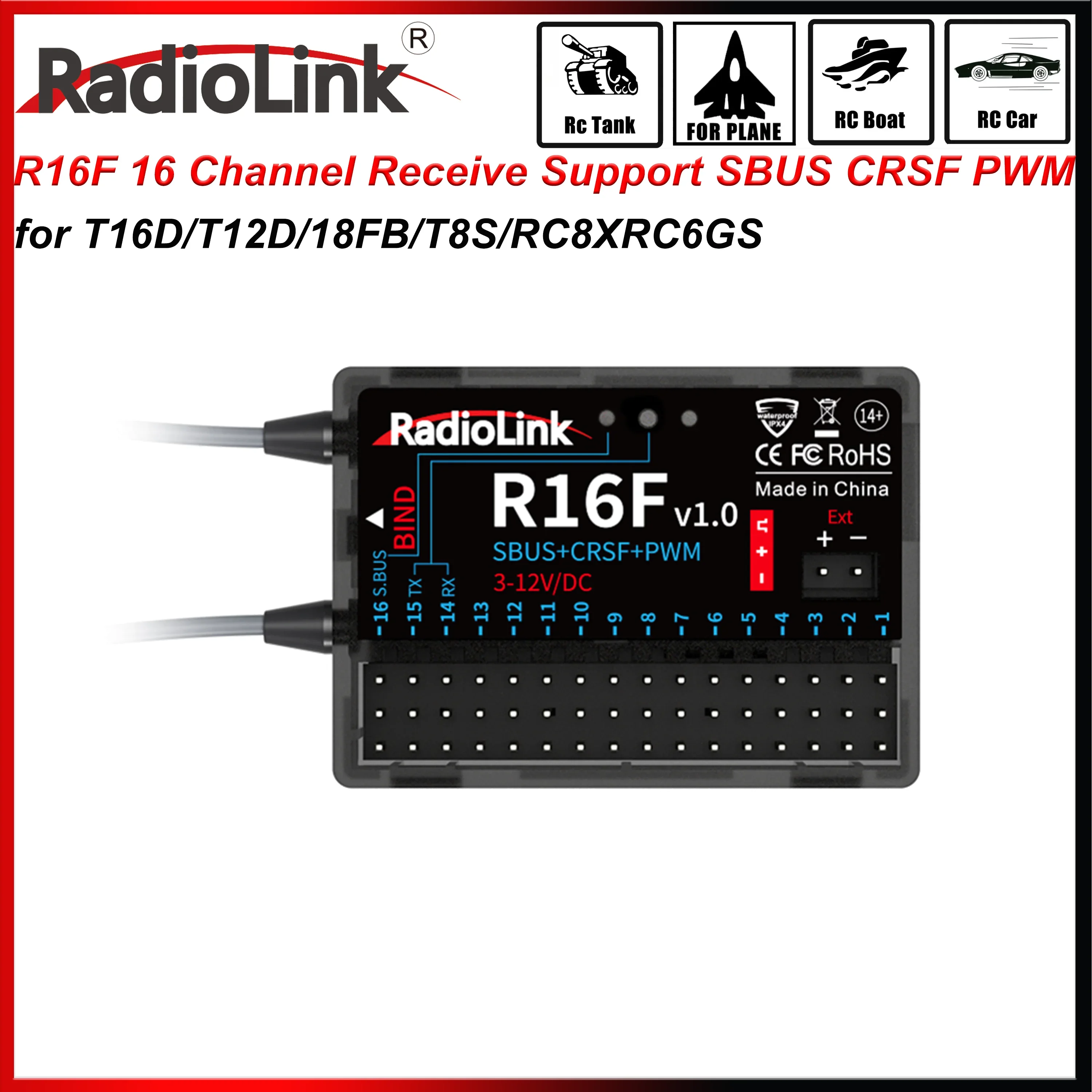 

Radiolink R16F 16 Channle 2.4G Gyro RC Receiver Car Voltage Transmission Telemetry 600m Long Range RX for RC Car Boat Airplane