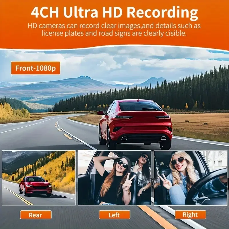360° Car Dash Cam 4 Channel Black Box WiFi Driving Camera FHD 1080P Front Left Right Rear Night Vision Loop Recording Dashcam