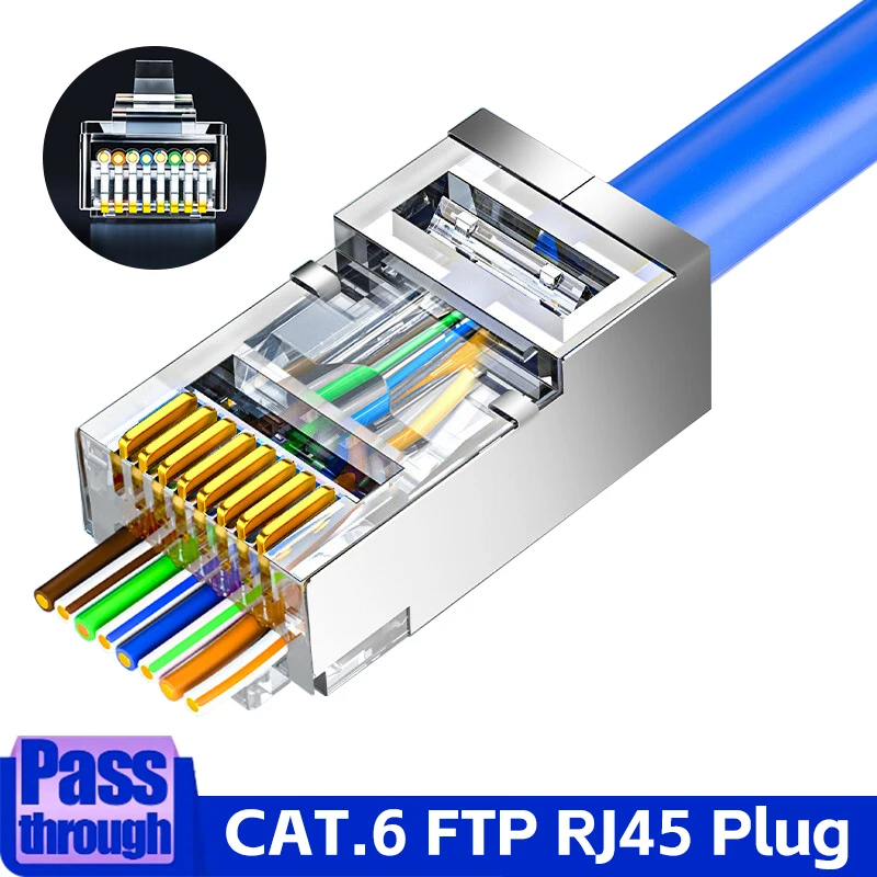 Cat6 Pass Through RJ45 Shielded Connectors Crystal End Gold-Plated 8P8C Crimp UTP Ethernet Modular Plug