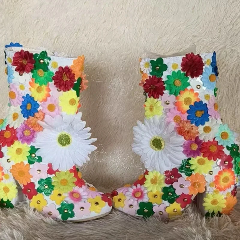 

Colorful Appliques Design Pointed Toe Ankle Boots Side Zipper Women Shoes Chunky High Heels New Fashion 2025 Zapatos Para Mujere