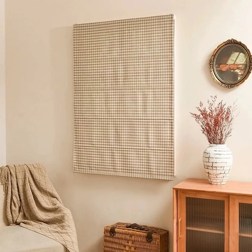 

Modern Motorized Plaid Flat Roman Shades Customized Roman Blinds With Installation Included