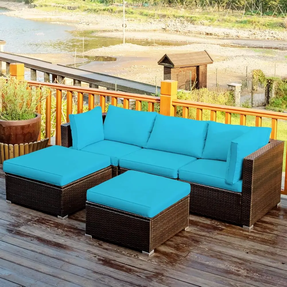 

5 Piece Patio Furniture Set, Outdoor Sectional Rattan Sofa Set With Cushions And Coffee Table, Suitable For Backyard Porch
