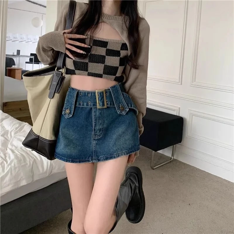 Hong Kong style retro high-waisted denim skirt bustier skirt female spicy girl thin package hip summer petite short pants skirt