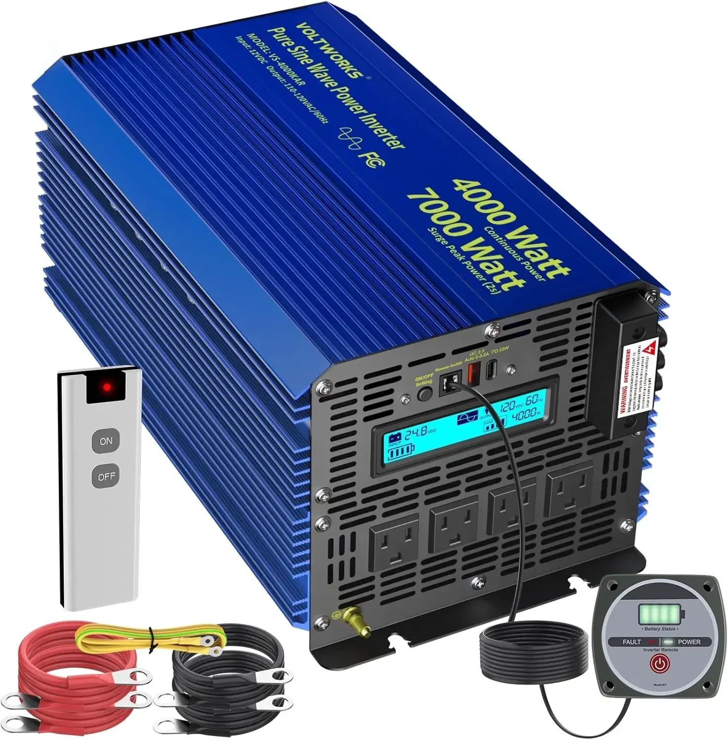 4000W Pure Sine Wave Inverter 24V DC to 110V 120V Power Inverter 7000W Surge Peak Power for 2S, FCC Approved, 4AC Outlets, Fast