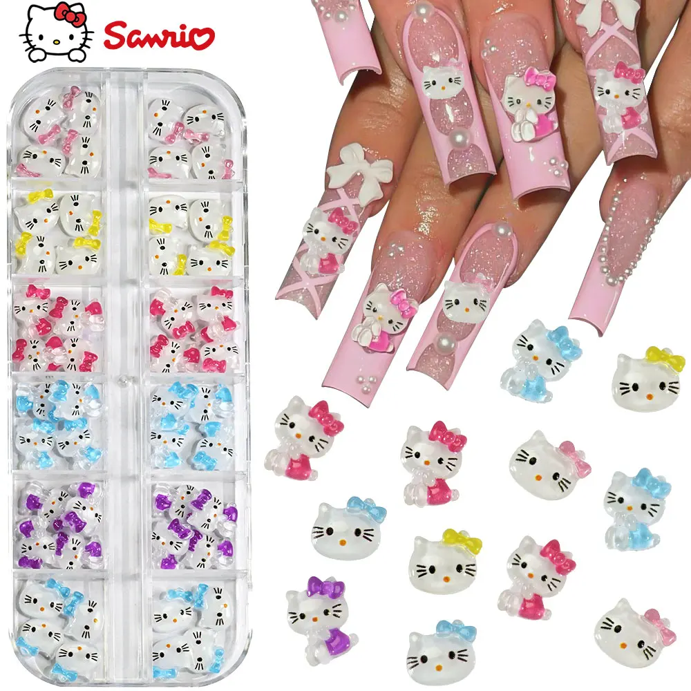 

12 сеток (24-100 шт.) Sanrio Hello Kitty подвески для ногтей 3D Kawaii Bow Kiity/Melody блестящий декор для дизайна ногтей DIY мультяшные детали для ногтей Kitty