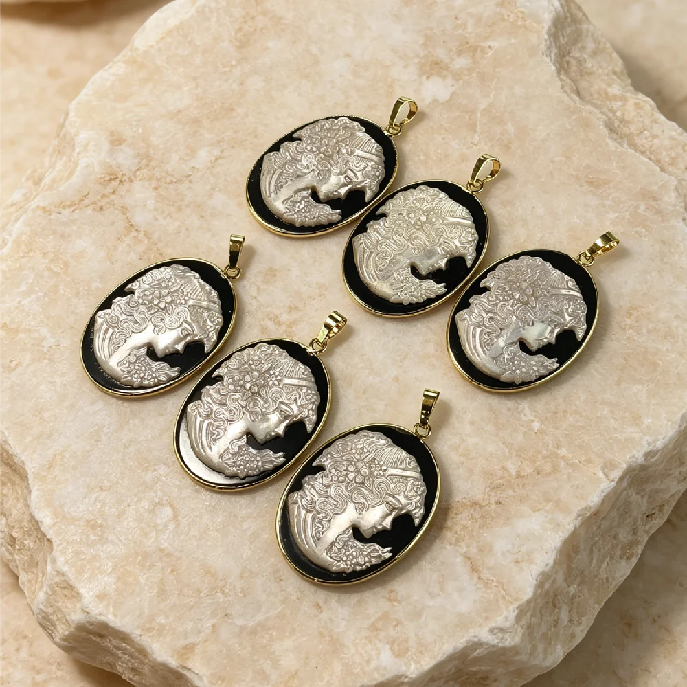 Vintage Victorian Mother of Pearl Cameo Charms Golden Plated Black Enamel Full Bezel Single Bail Bulk Craft Findings P2D1018