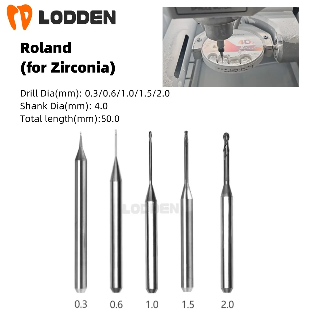 

Roland DWX 52D Dental Milling Burs For Zirconia D4 Shank DC Diamond Coating Diameter 2.0/1.0/0.6mm Drill