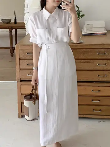 Liangliang 여름 새로운 레트로 간단한 높은 허리 Bodycon 롱 스커트 투피스 세트 여성 짧은 소매 셔츠 더블 포켓 디자인