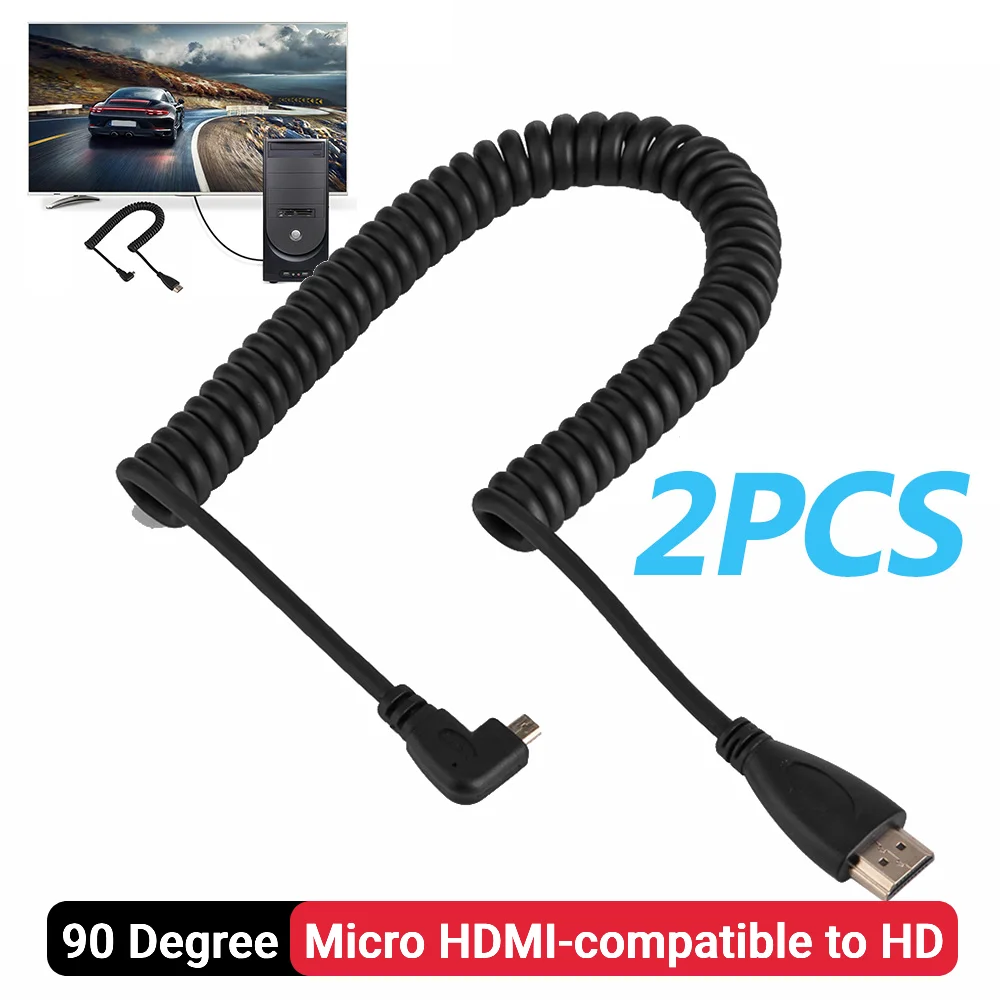 2PCS Right Angled 90 Degree Micro HDMI-compatible to HDMI-compatible Cable Telescopic Spring Gold Plated HD 1080P Wire Cord