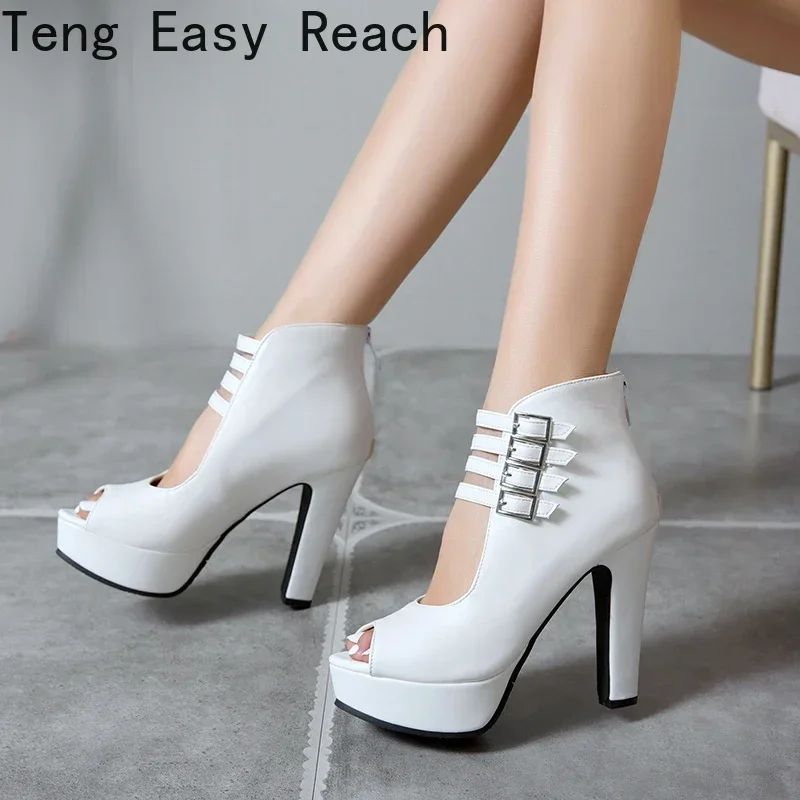 2025 Summer New Womens Ankle Boots Sandals High Quality PU Leather Buckle Strap Zip Stiletto Heels Plus Size 35-46 Shoes