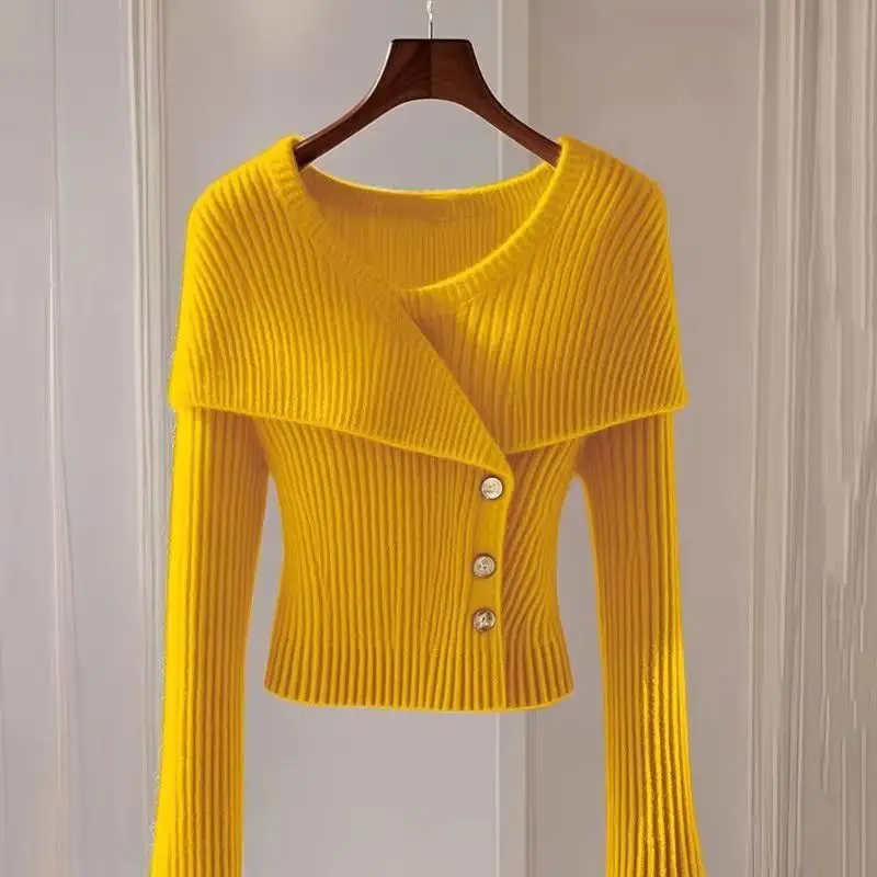 

Cardigan Sweaters Jacket Women's Fashion Eurndown Autumn New V-Neck Elegant Casual Coat Female Short Slim Knitted Ladies Coat