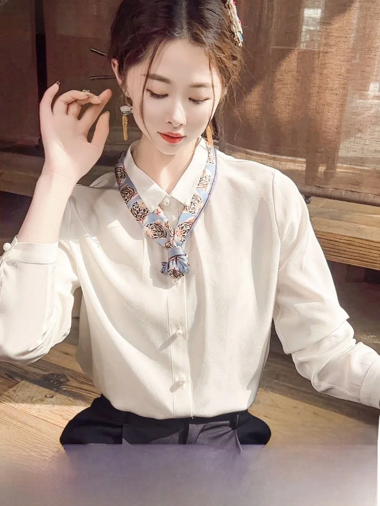 

Женская шелковая блузка Ele 2026: Новая легкая роскошная белая шелковая блузка с воротником-стойкой для офиса и повседневной носки