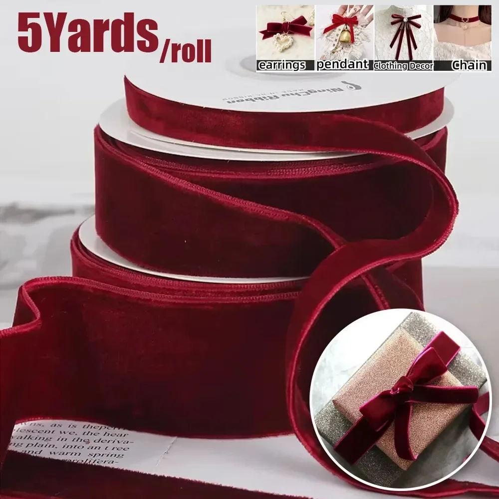 5Yards Wine Red Double-sided Velvet Ribbon Velvet Flocking Ribbon Diy Handmade Bow Bouquet Packaging Gifts Christmas Decoration