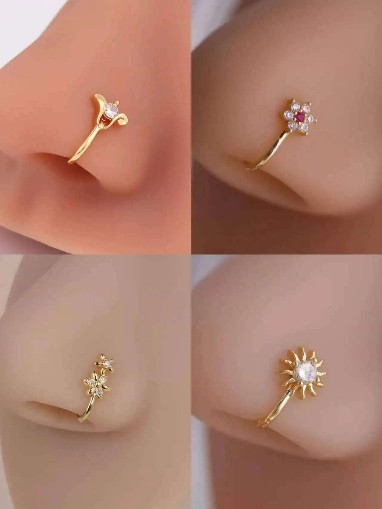 4-Piece women's fashionable and sexy adjustable U-shaped nose ring clip plum blossom star nose accessory daily wear gift