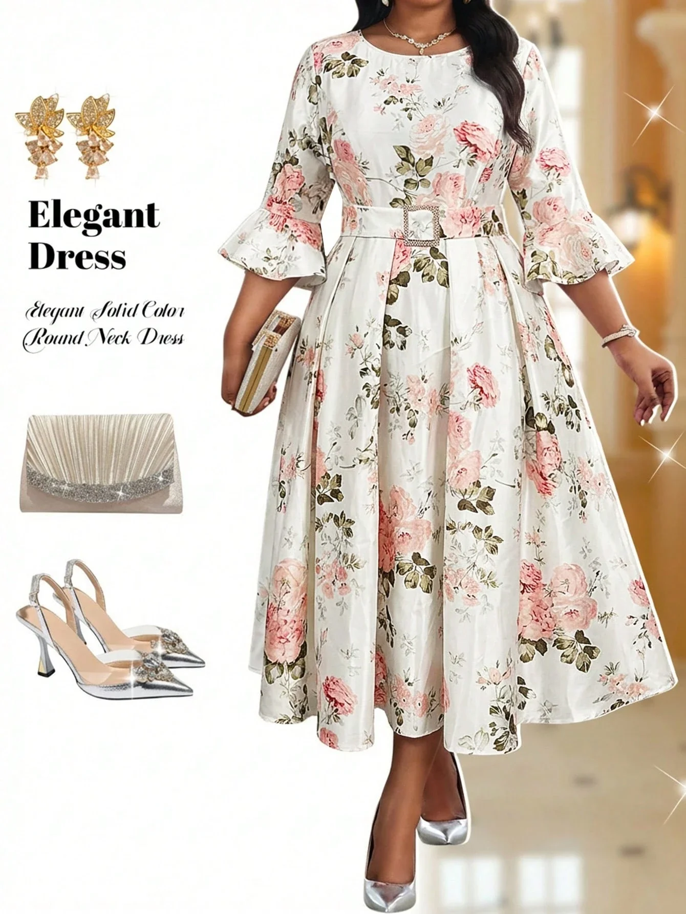 

Elegant Floral Print Midi Dress With Belted Waist And Flare Sleeves
