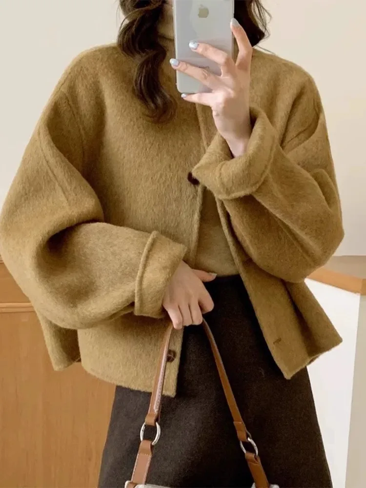 

Wool Overcoat Winter Autumn Women's Short Coat Office Lady Elegant Double-sided Woolen Coat 2025 New Cardigan Jackets Loose