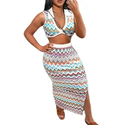 Women Rainbow Wave Stripe Two Piece Sets Split Hem Wrap Hip Skirt Summer Slim Fit Female Suits Lapel Deep V Ultra Short Tops New