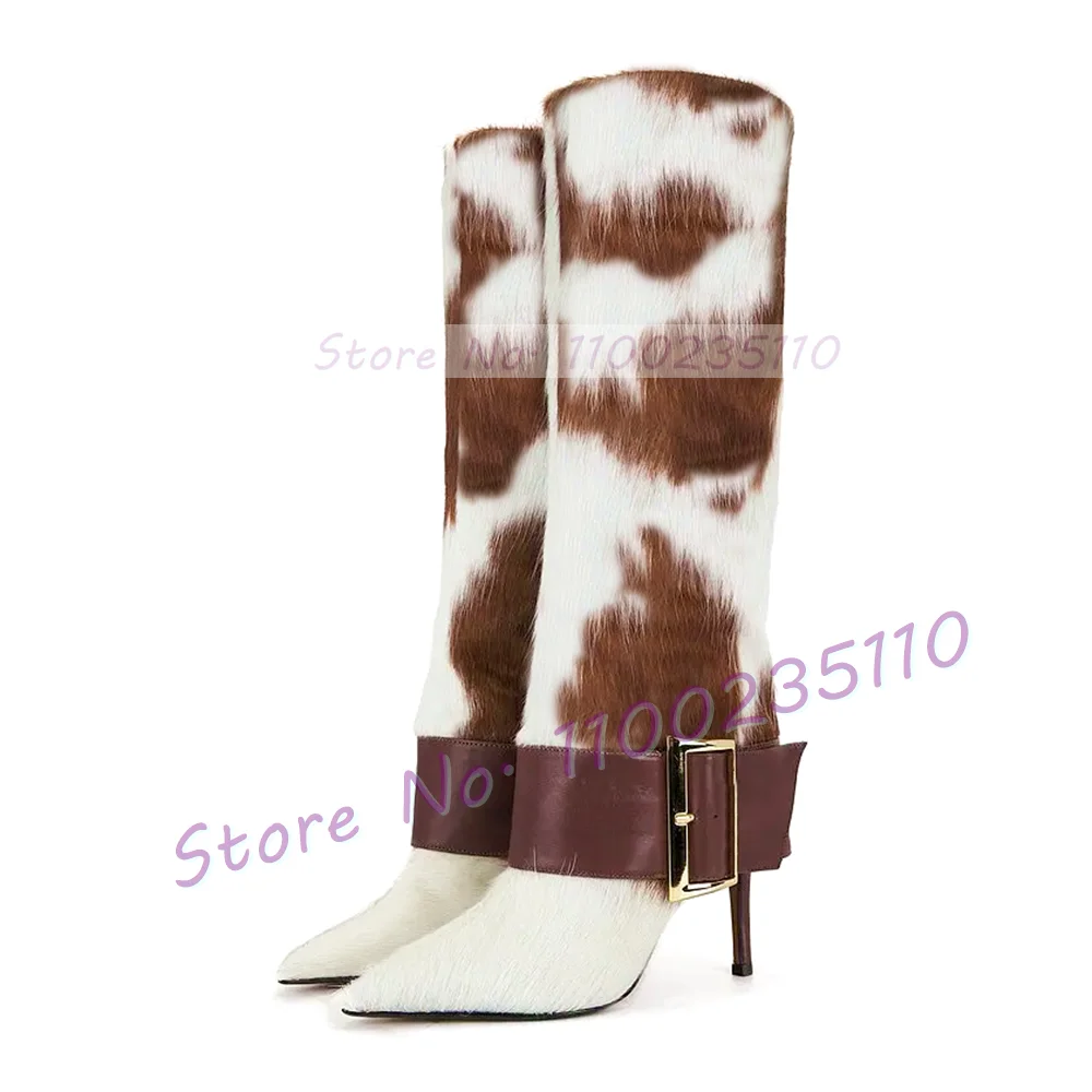 Brown Horse Hair Knee High Boots Women New In Cow Print Leather Splicing Fashion Shoes Ladies Winter Metal Buckle Strap Boots