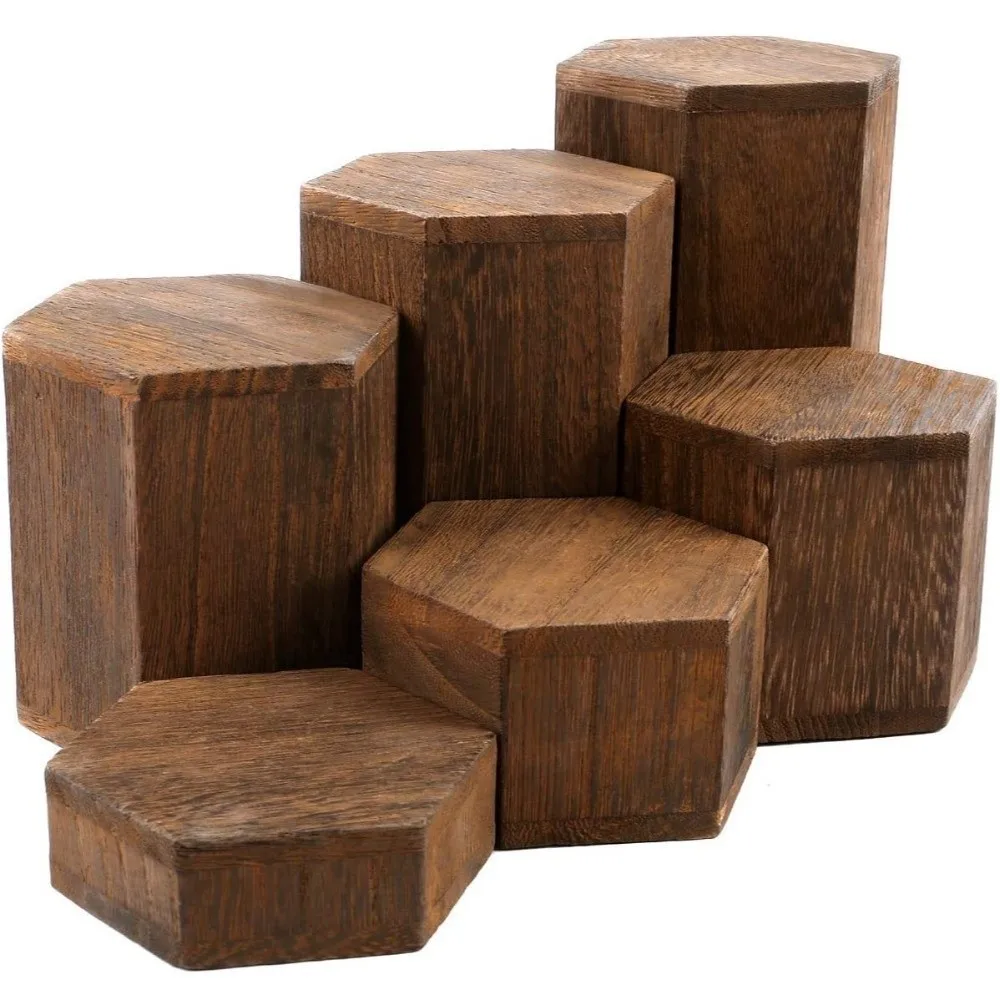 New Hexagonal Wooden Display Stand Stepped Design Cube Jewelry Display Rack Brown Bangle Organizer Desktop