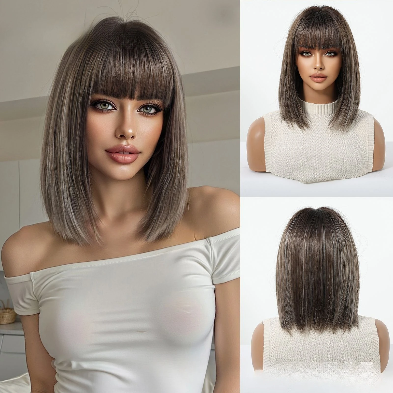 

European and American new wig female full head cover summer Bobo skull clavicle short straight hair chemical fiber hair wigs
