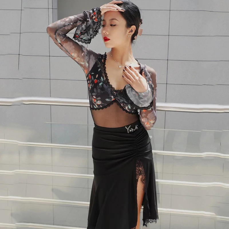 

Sexy Latin Dance Dresses Women Flower Print Mesh Tops Black Lace Slit Skirt Rumba Ballroom Dance Performance Costume DNV20195