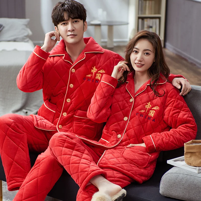 Coral velvet quilted pyjamas couples 3 layer thickening warm winter quilted jacket men's pajamas red pijamas de hombre inverno