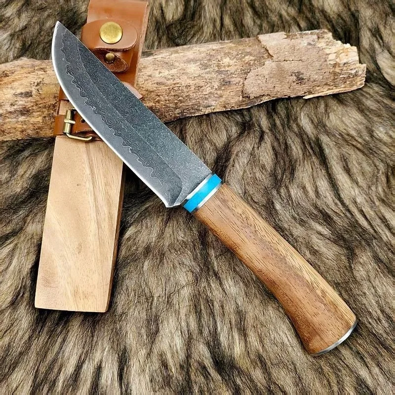 Image of Hochharte VG10 Damaszener Klinge mit Sapele-Holzgriff Feststehende Klinge Taschenmesser Camping EDC-Werkzeug Outdoor Überlebensmesser für die Wildnis