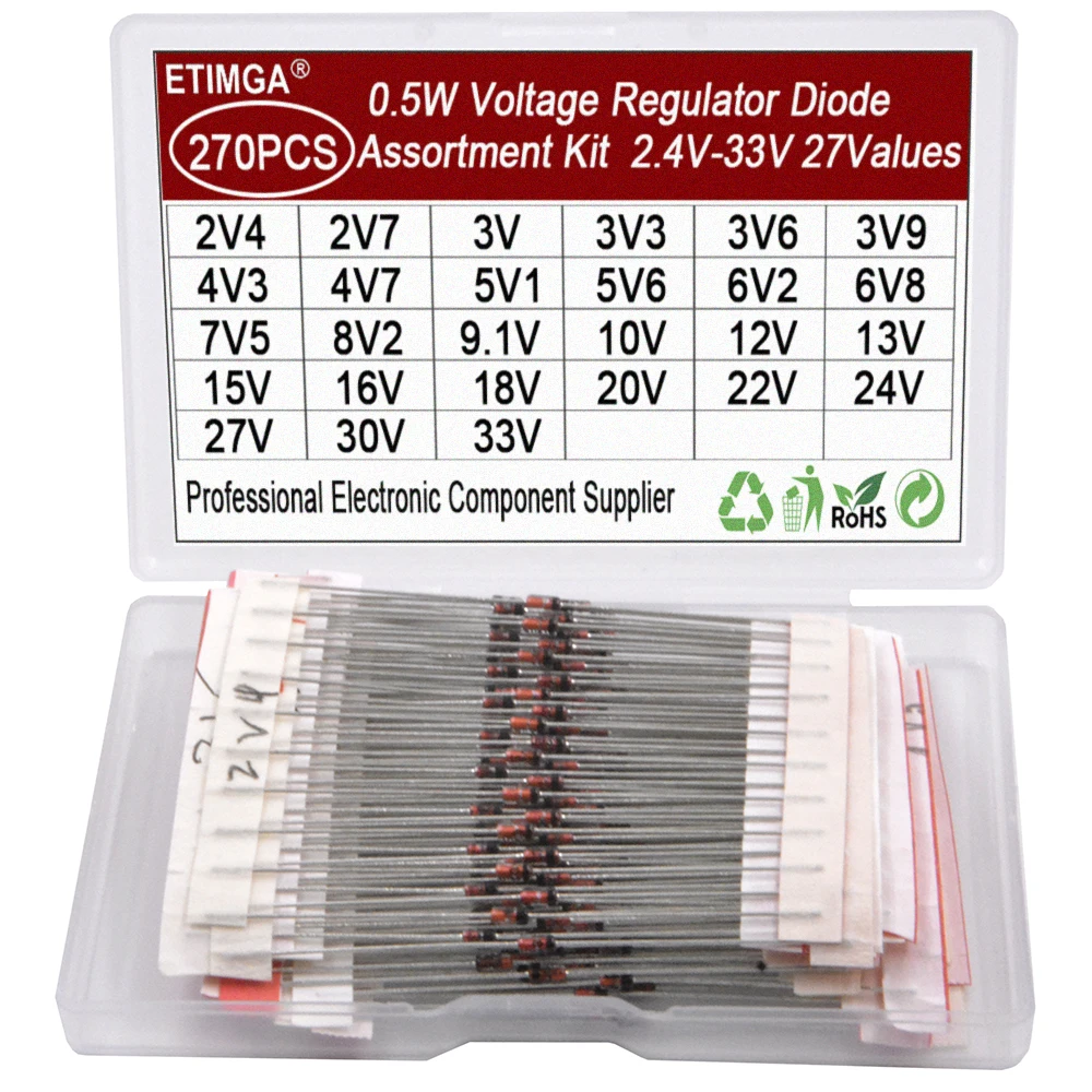 

270PCS 27Values 0.5W 1/2W DO41 2.4V-33V Zener Diode Voltage Regulator Assortment Kit Sample Bag with box