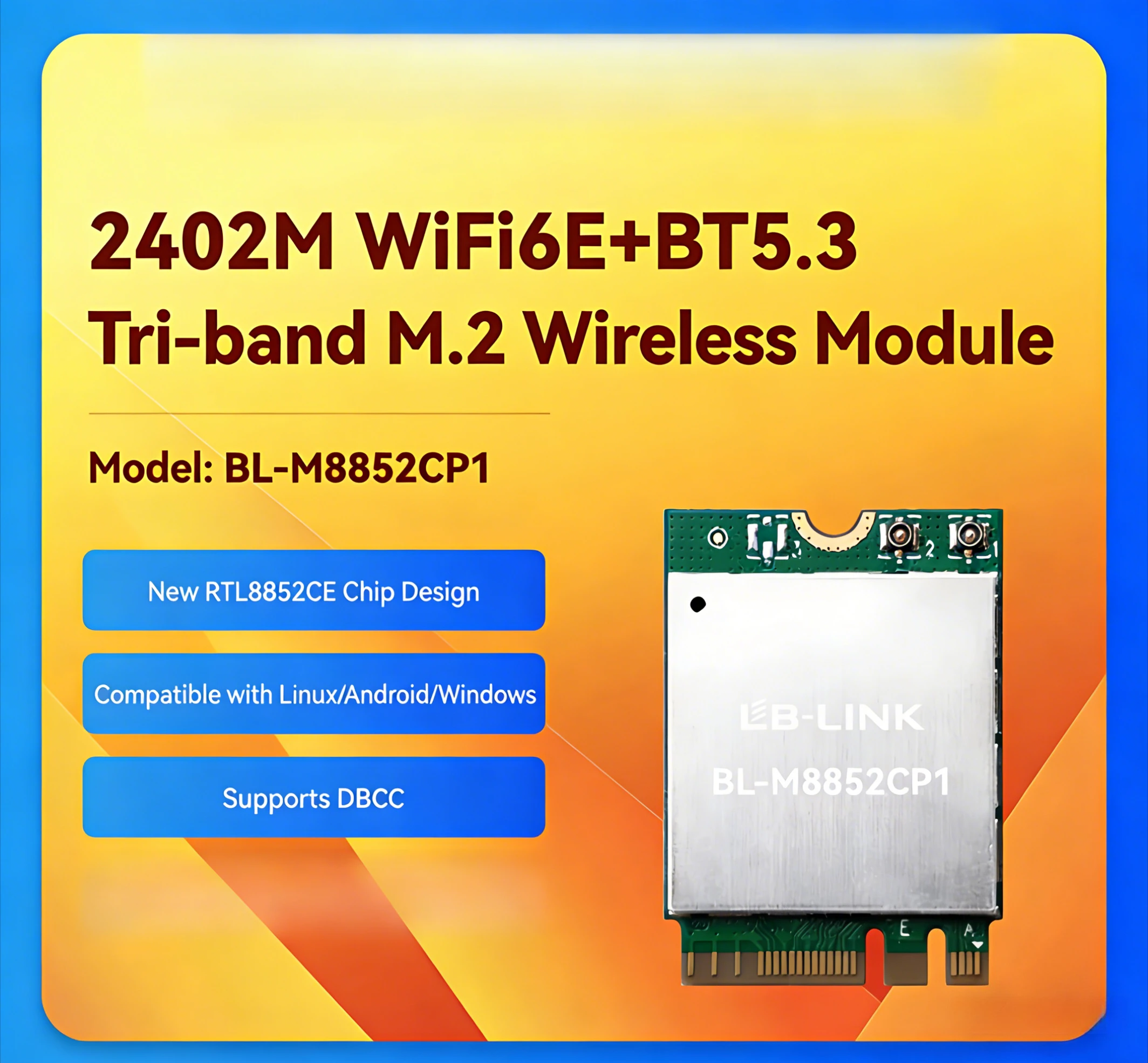 

M8852CP1For Realtek RTL8852CE WiFi 6E Tri-Band 2.4G/5G/6G M.2 Wireless Network Card Bluetooth 5.3 Module for Laptop PC