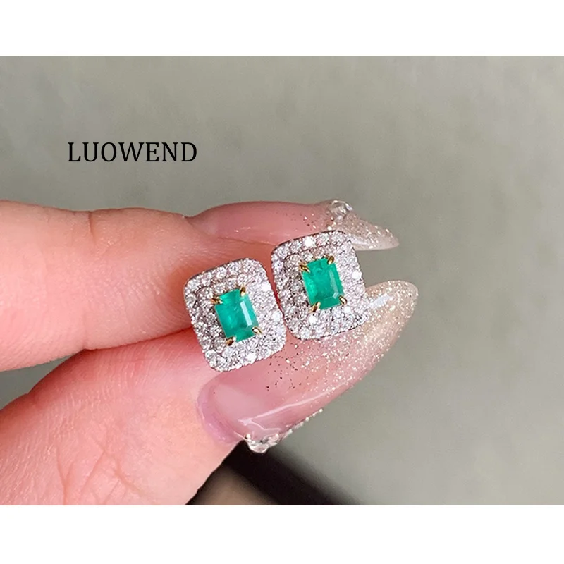 LUOWEND 100% 18K White Gold Earrings Women Elegant Geometric Design Shiny Diamond Natural Emerald Stud Earrings Wedding Jewelry