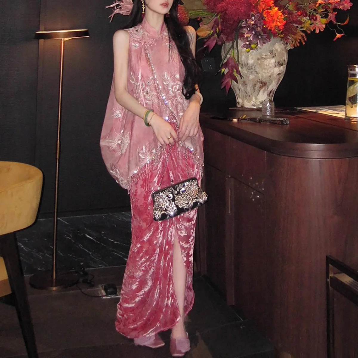 New Chinese-style Old Money Look Sequin Embroidered Tie-dye Sleeveless Vest + Velvet Burnt-out Floral Skirt Evening Party Dress