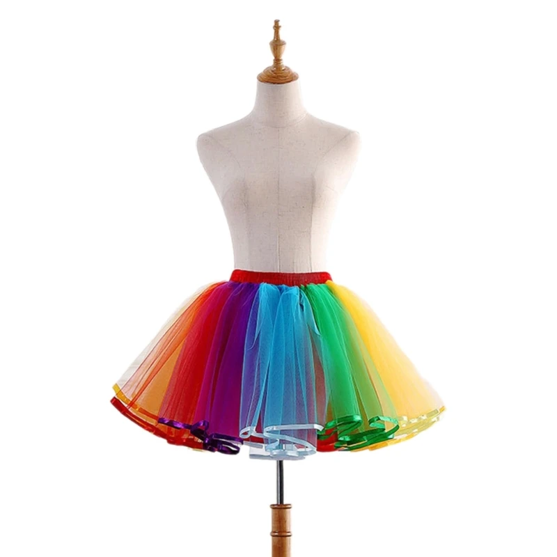 Vrouwen Hoge Taille Geplooide Mesh Midi Rok Regenboog Rok Gelaagde Tule Rok P8DB