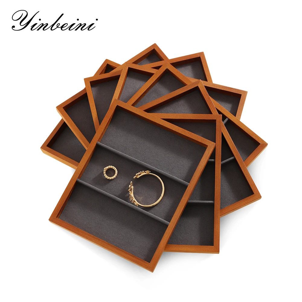 

YinBeiNi Beige&Dark Gray Solid Wood Jewelry Tray Necklace Ring Earrings Bangle Display Props Three Grids Jewelry Storage Pallet