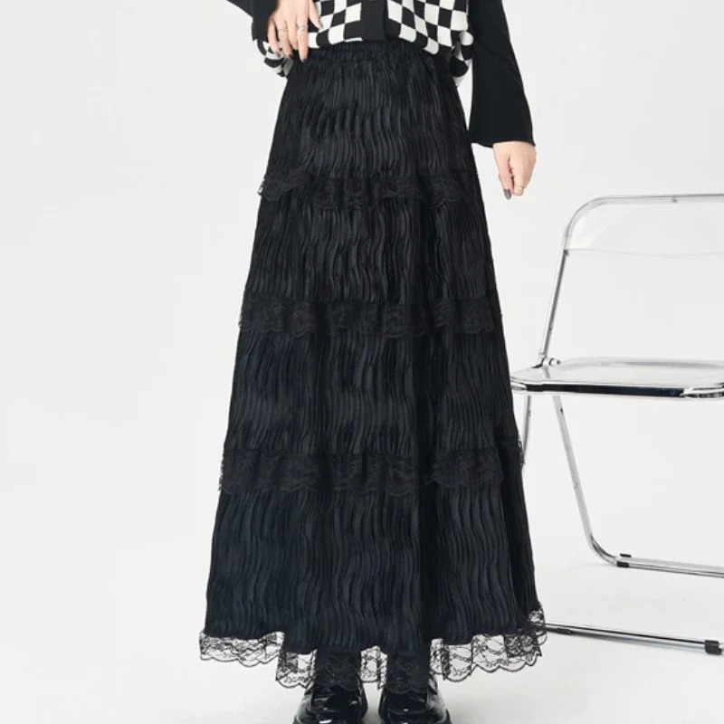 Sweet Lace Splice Velvet Skirts Female Autumn Winter Gentle Fairycore Skirts Loose Elastic High Waist Folds Cake Skirts Outwear