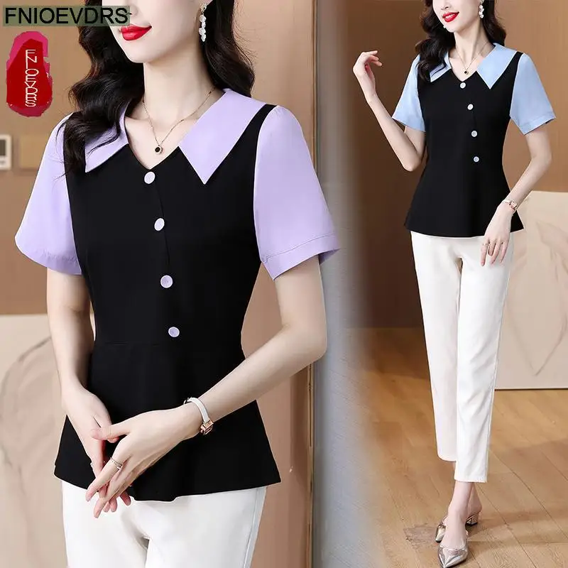 2024 Fashion Button scollo a V Black peplo top donna Basic Wear Office Lady scollo a V blu elegante Retro Vintage camicie camicette