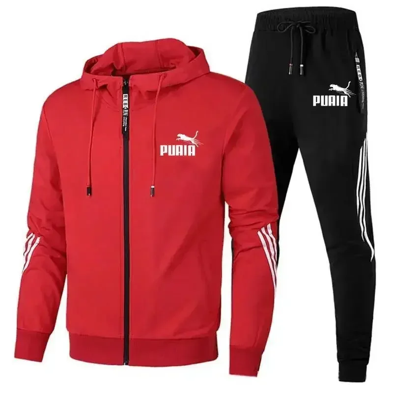 Fashion Tracksuit Men Suit Autumn New Zipper Cardigan Jacket+Sweatpants Stripe Running Fitness Basketball Jogging 2 Piece Set