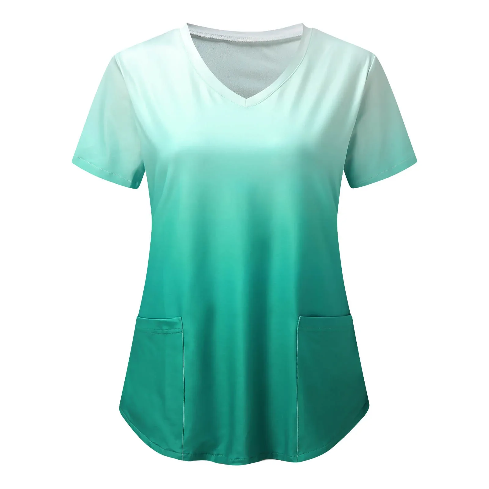 

Fashion Gradient Print Women Working Uniform Blouse Shirt Short Sleeve Neck Tops Nursing Clothes Scrubs Women Uniform Nurse