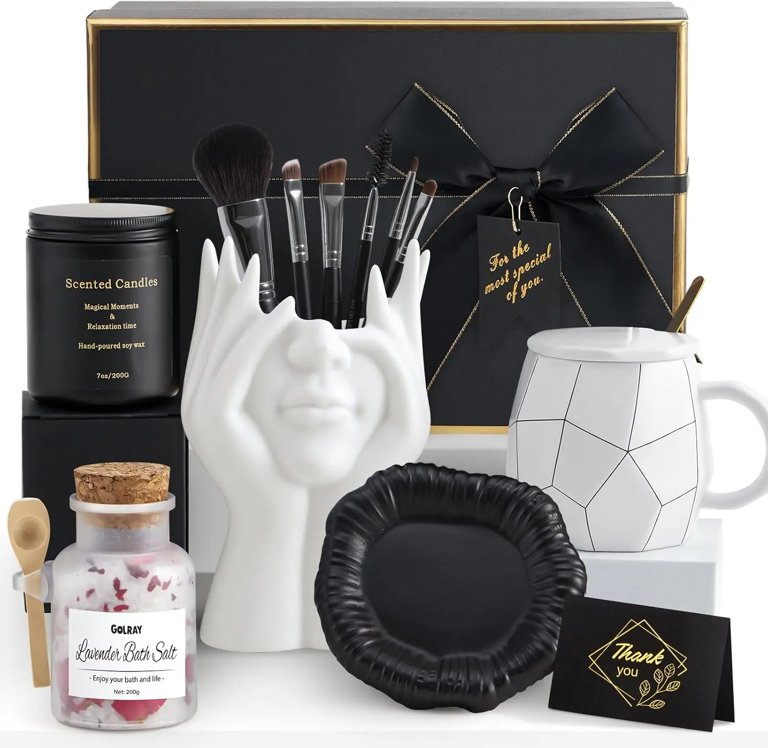 

Birthday Gifts for Women Self Care Spa Basket with Mug/Makeup Brush Holder/Jewelry Tray, Christmas Valentines Mother's Day Gift