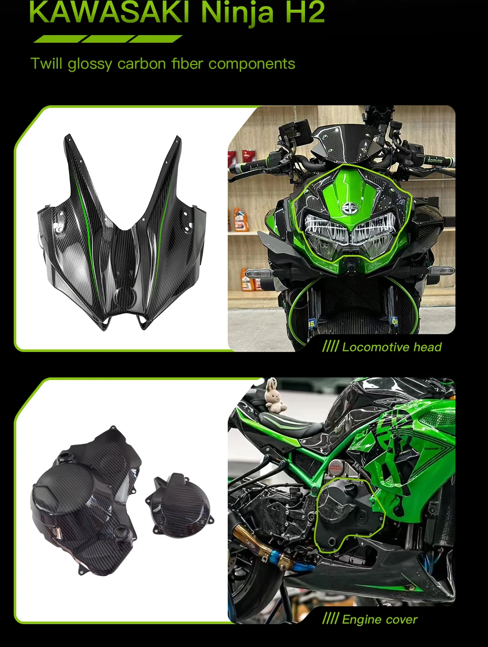 Für KAWASAKI Ninja H2 Carbon Faser Zubehör Lokomotive Kopf Hinten Flügel Turbo Rohr Kraftstoff Tank Kappe Seite Platte Kit – Detail 2